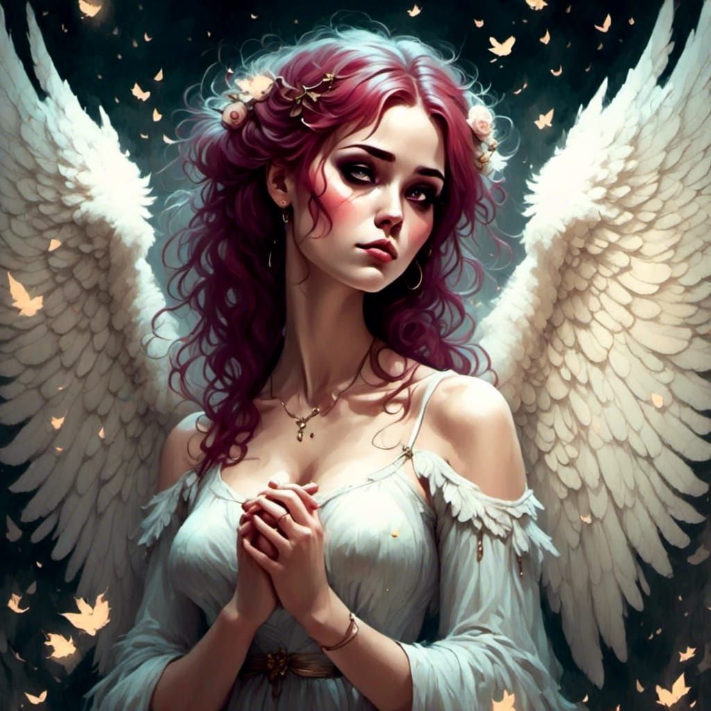 Angel and Mortal Holding Hands in Misty Garden