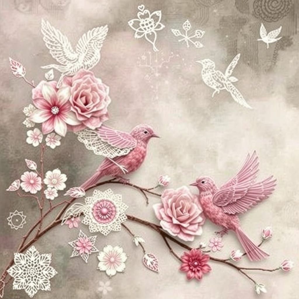 Beautiful Dreamy Lace Birds Collage Art