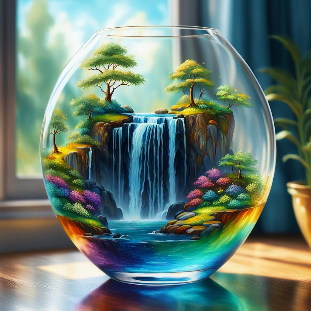 Miniature Waterfall Landscape in Glass Vase