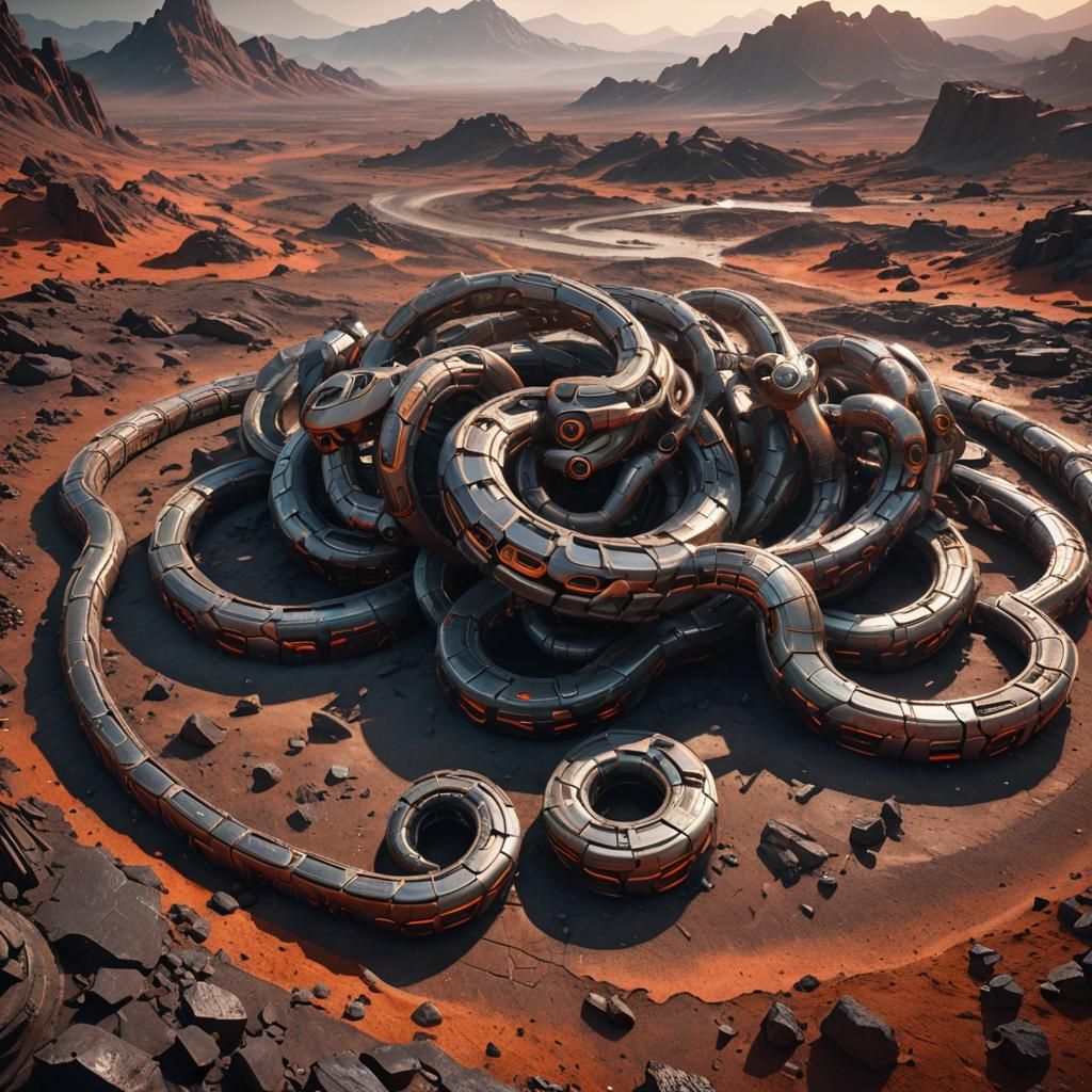Futuristic Mech Snake Coiling on Alien World