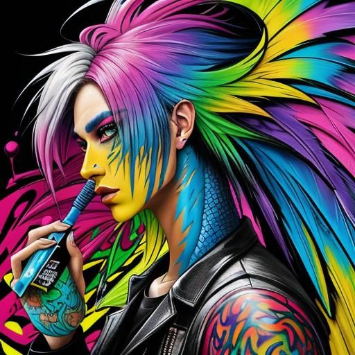 Rainbow Dragon Woman in Graffiti Street Art Style