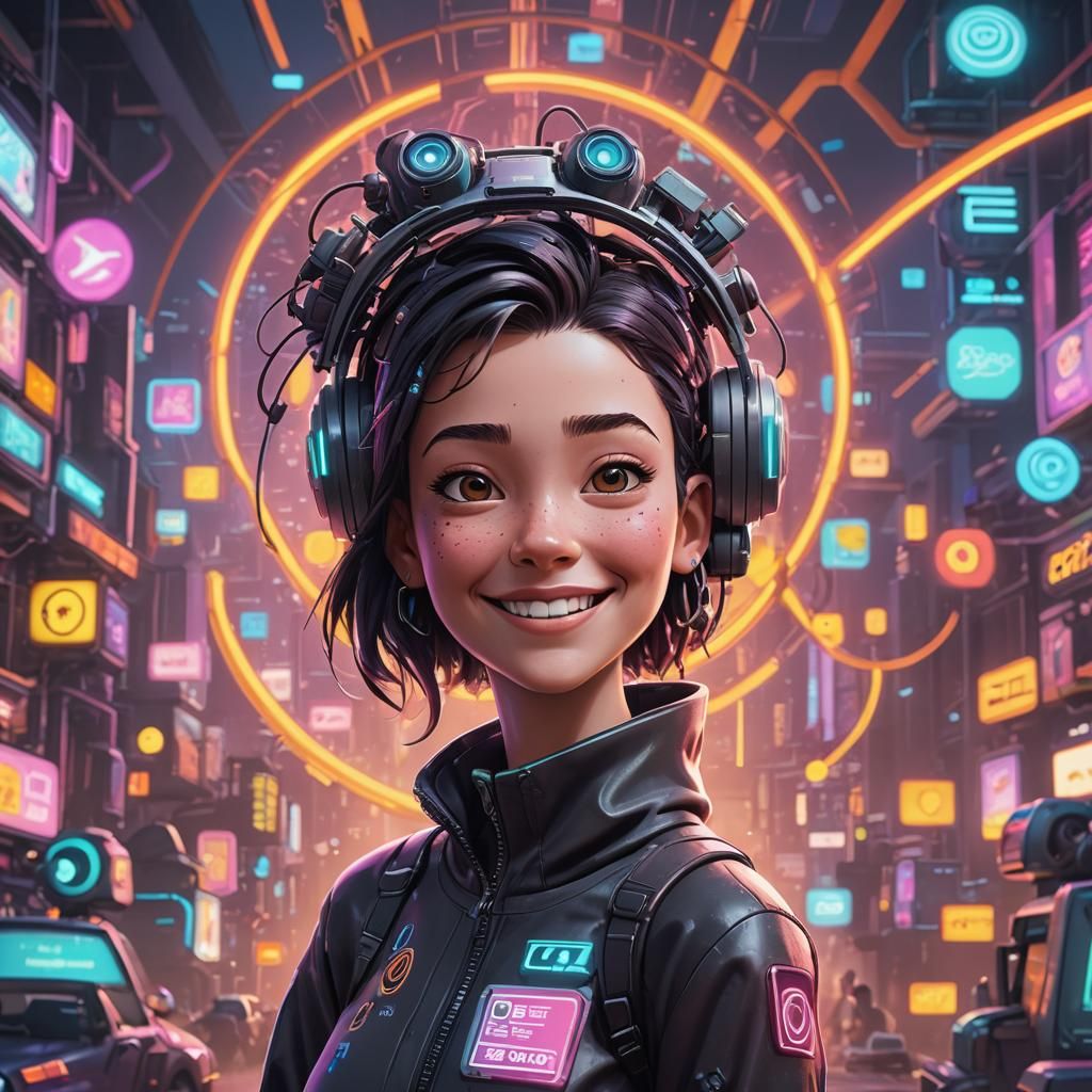 Smiling Happiness in Cyberpunk Style Digital Art