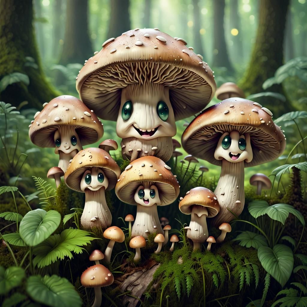 Anthropomorphic Mushrooms in Lush Forest: Macro Photography
