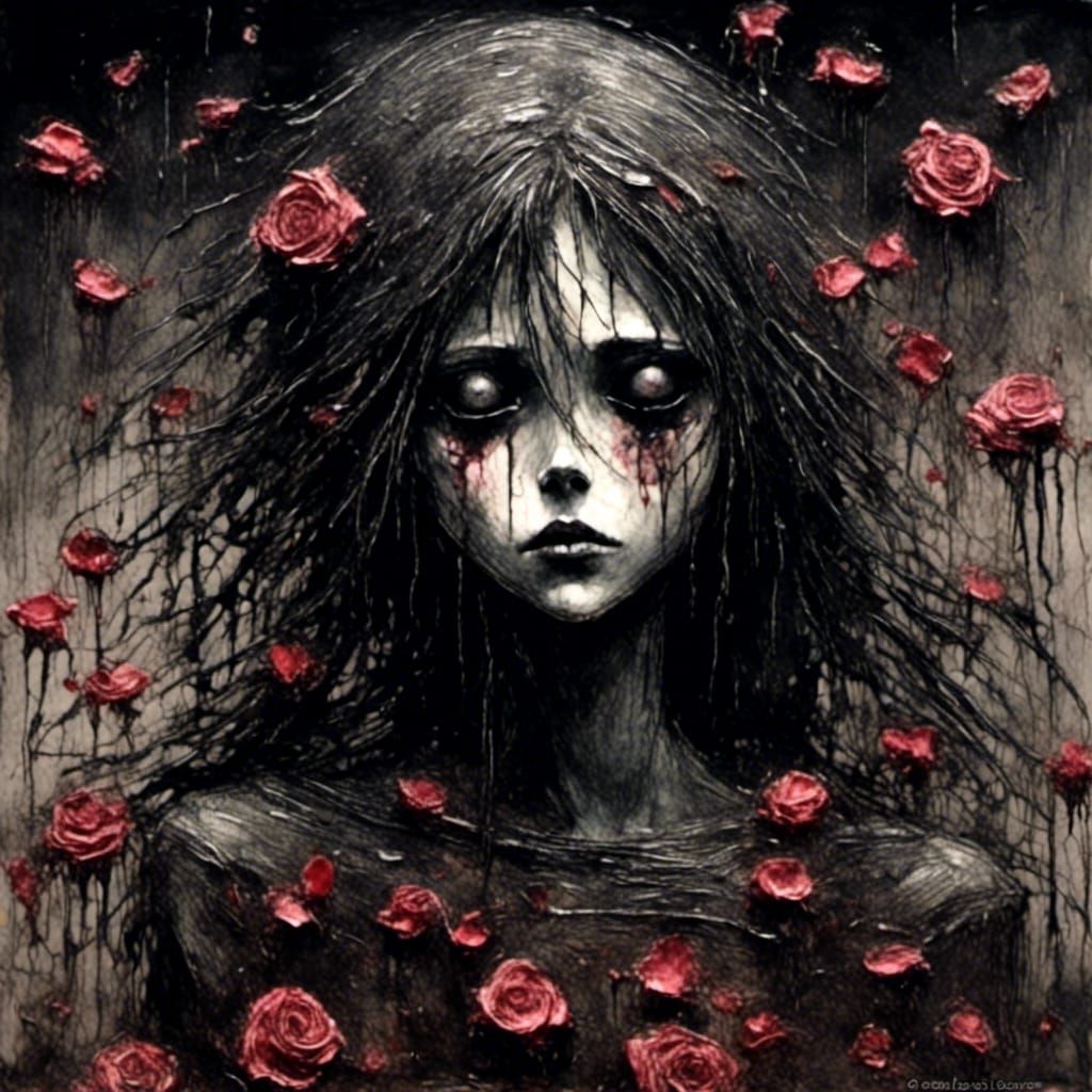 <lora:Psychix:1.0> gothic Alice in a rain of rose petals; dr...