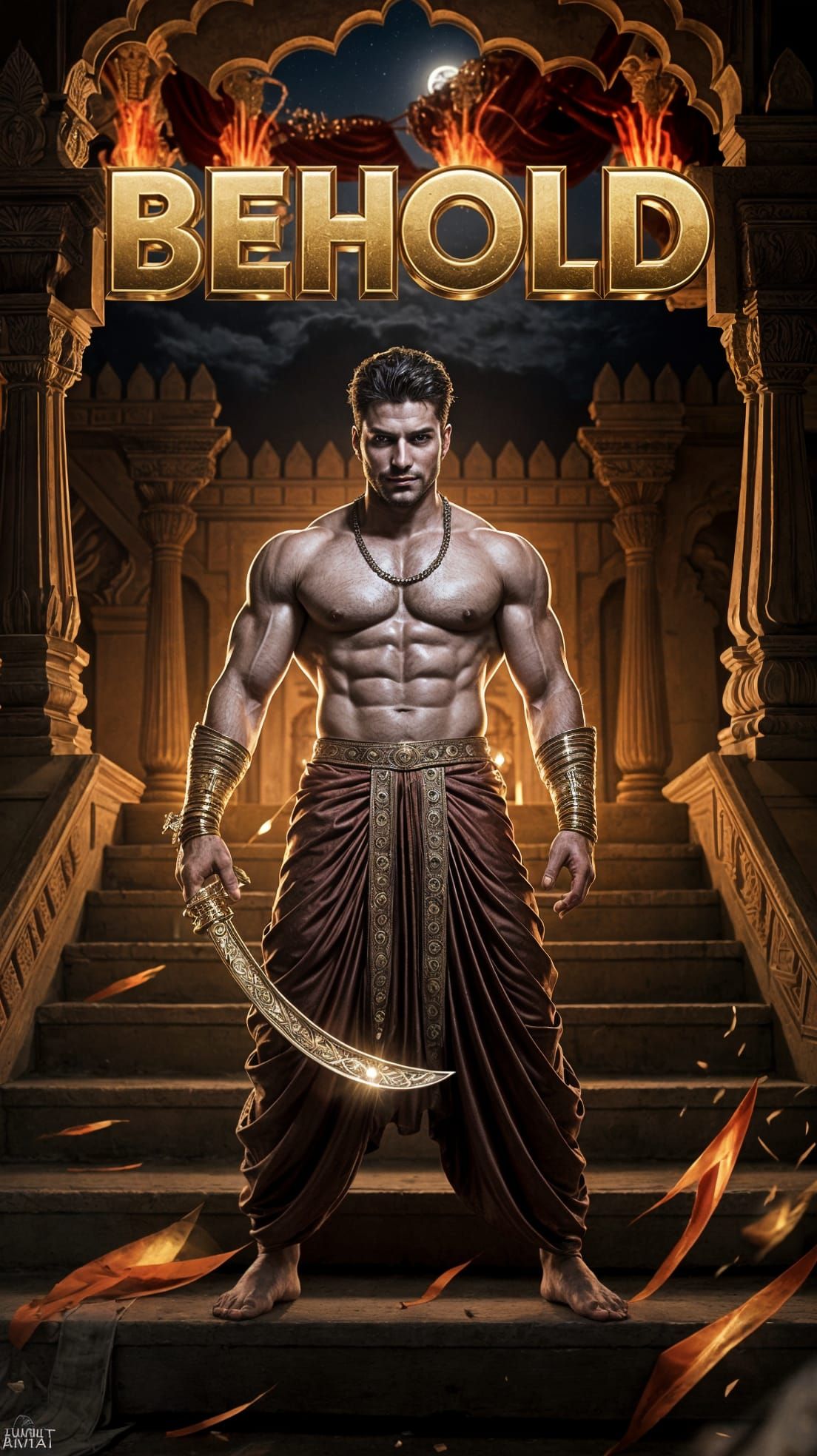 Rajasthani Man with Golden Sword Under Moonlight