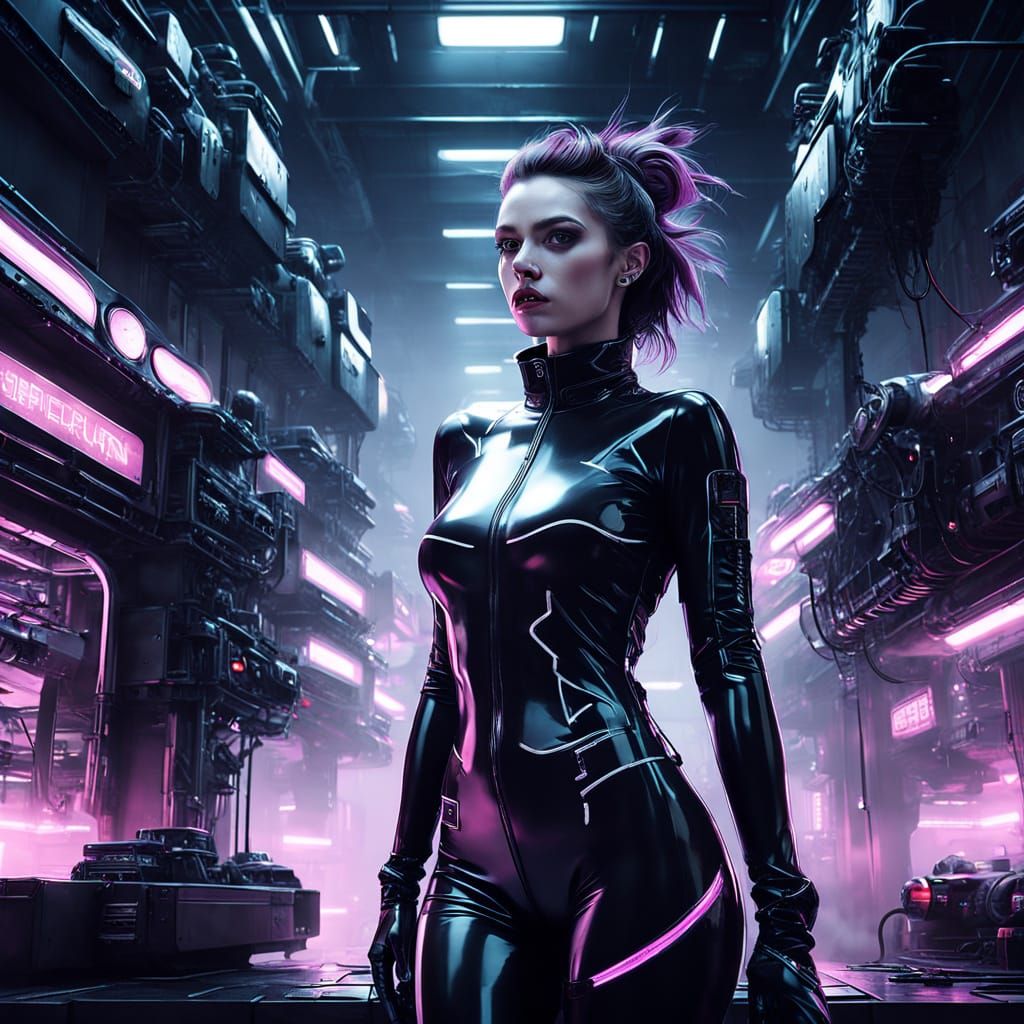 Gritty Cyberpunk Woman in Neon-Lit Latex Catsuit