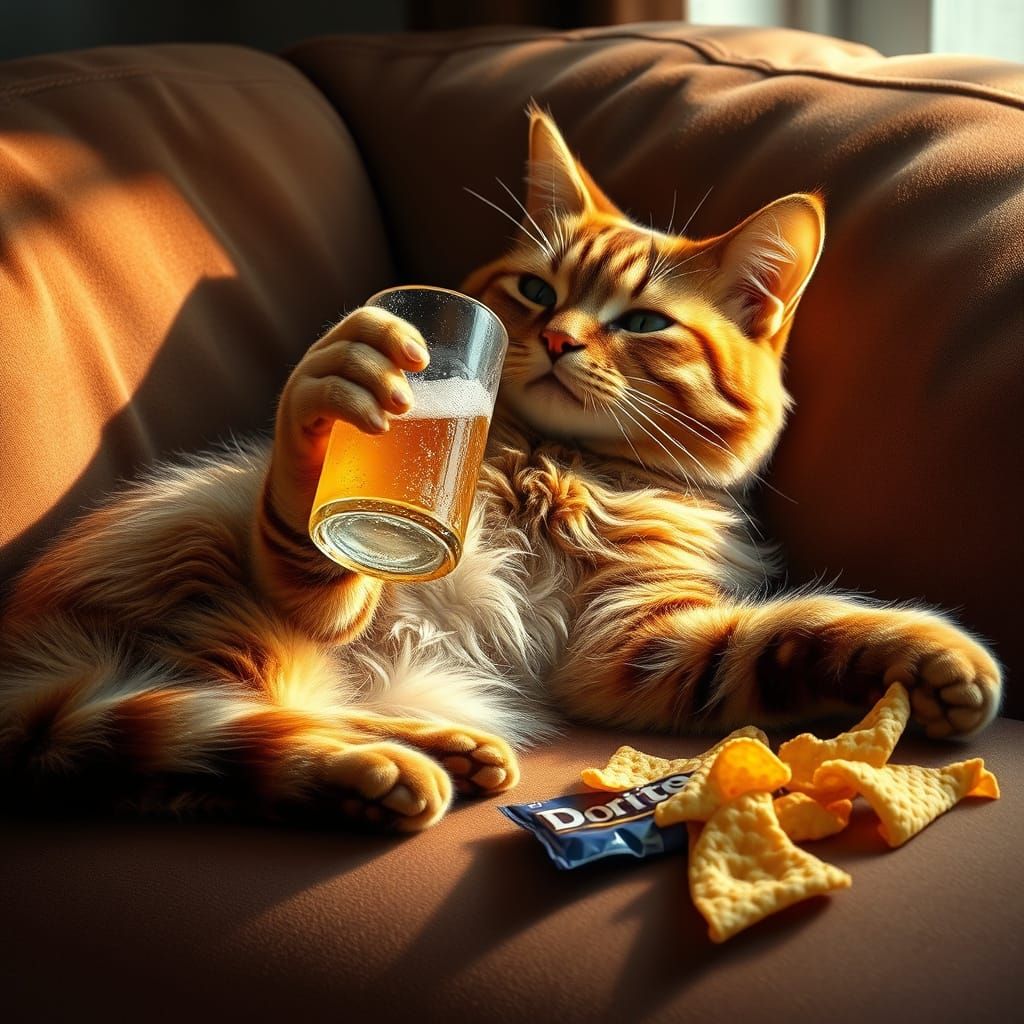 Hyper-Realistic Cat Enjoying Beer and Snacks on a Cozy Couch