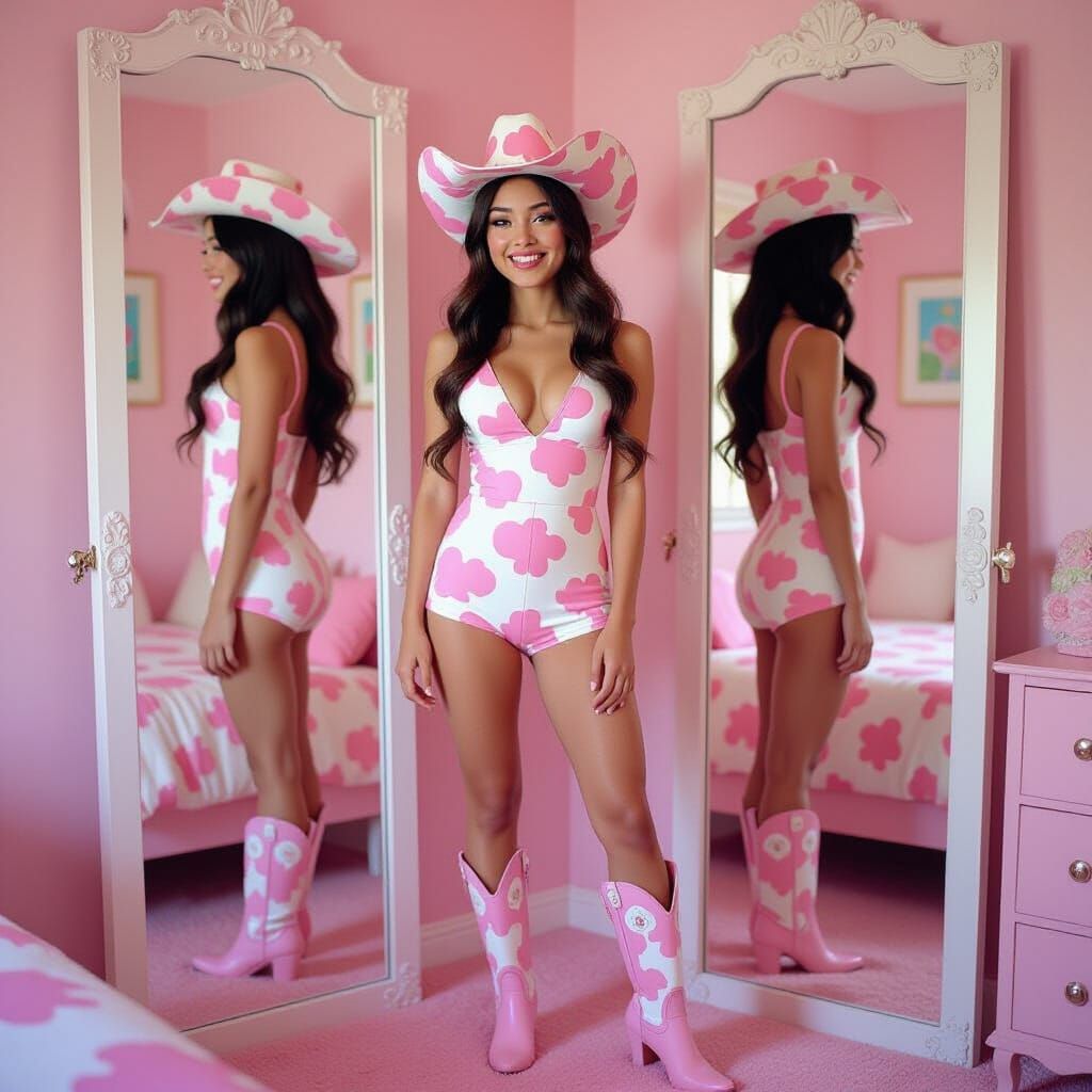 Latina Girl in Cow Print Playsuit, Pop Art Portrait