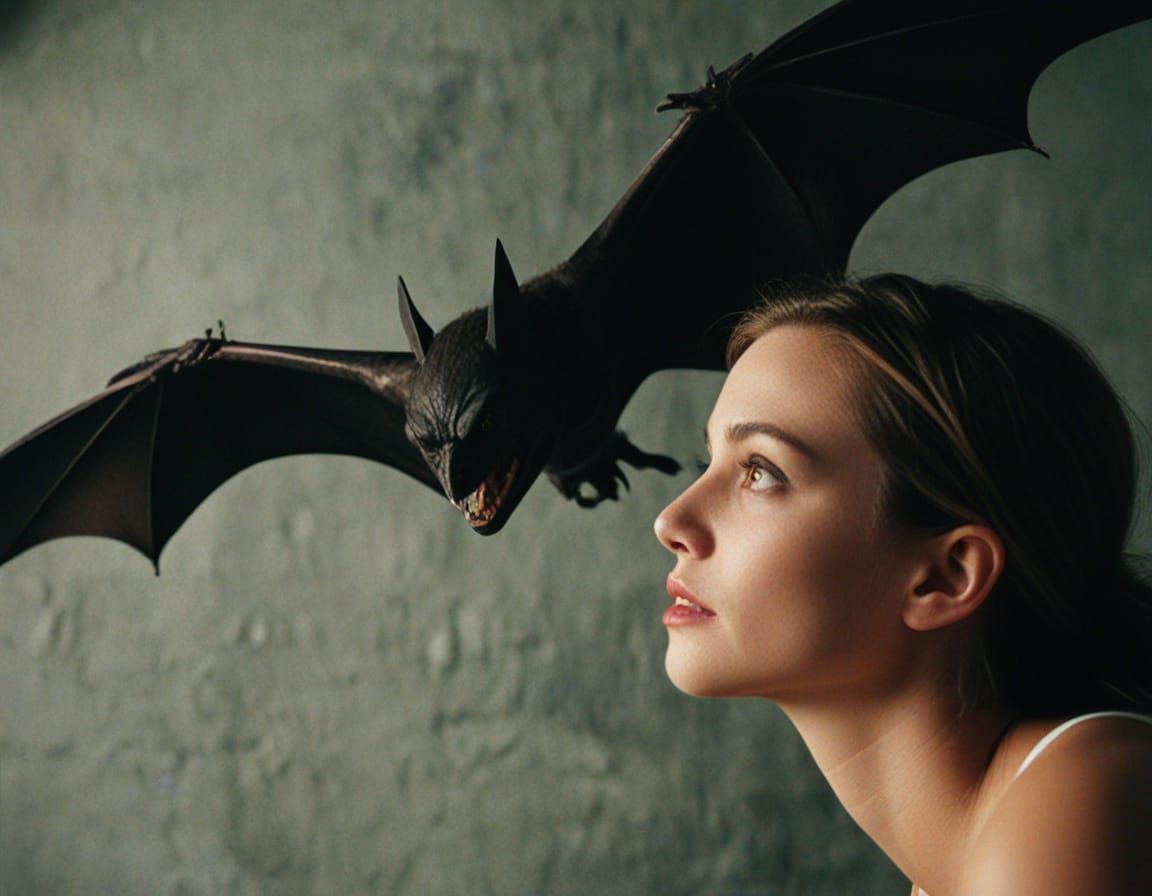 Woman and Bat in Cinematic Film Still