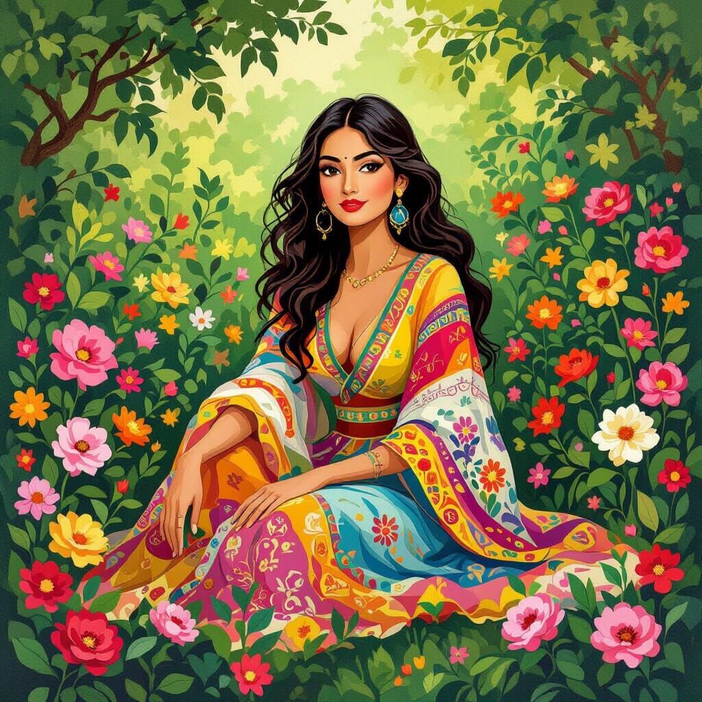 Lush Garden Scene in Rajput Painting Style