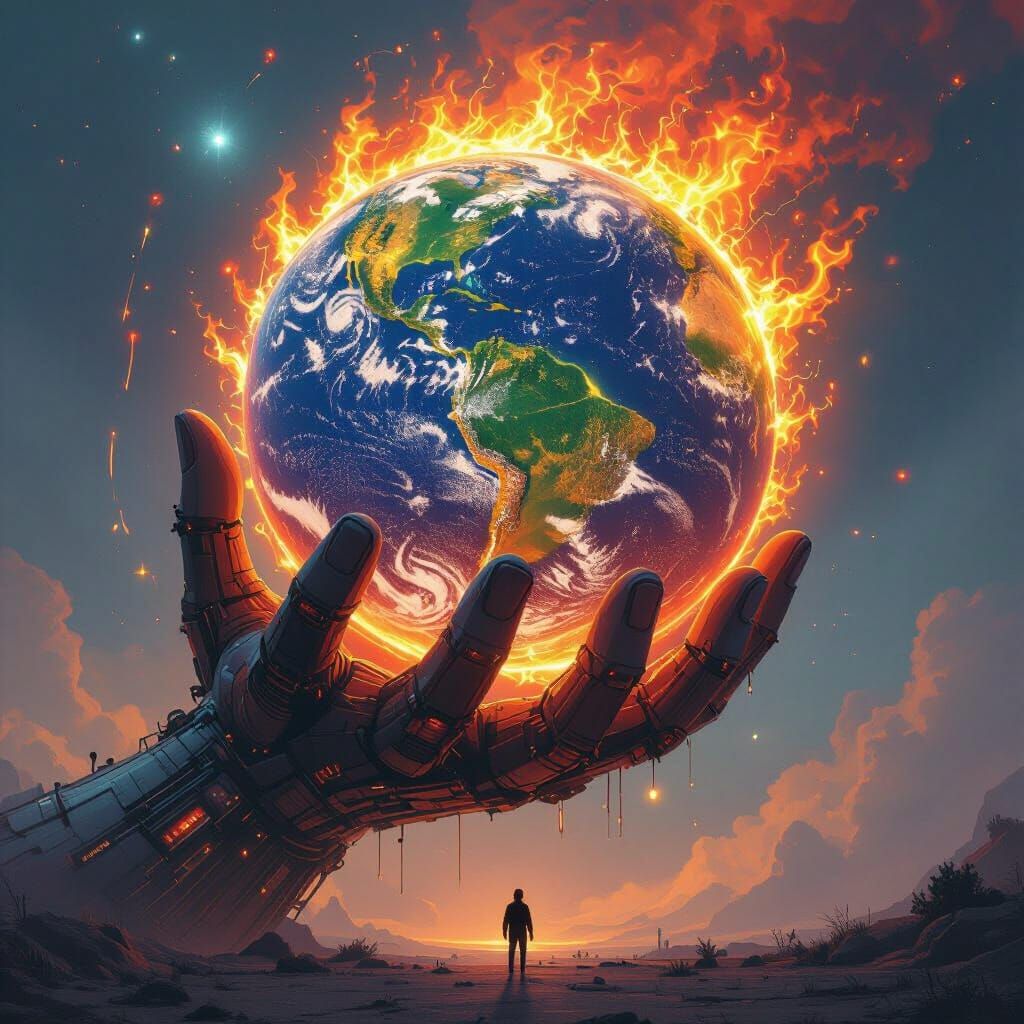 AI Fire Giant Hand Holds Earth: Surreal Sci-Fi Art