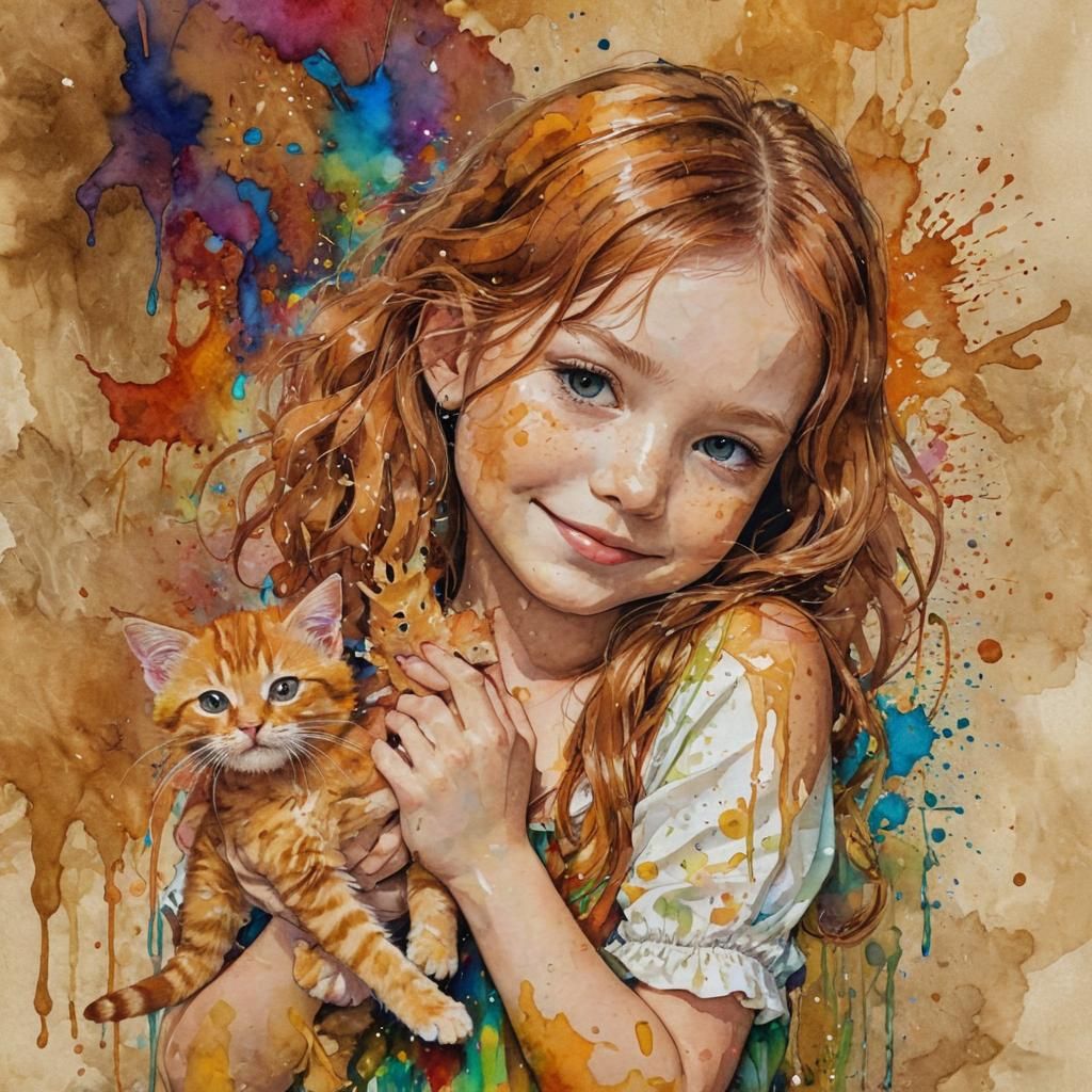 Girl and Kitten in Alcohol Ink Splash
