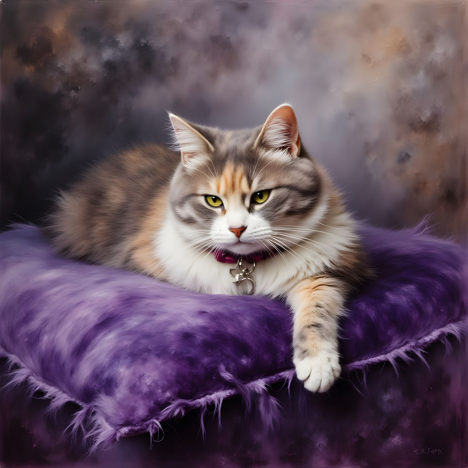 Tiny Pearl Cat on Purple Pillow in Grunge Oil Style