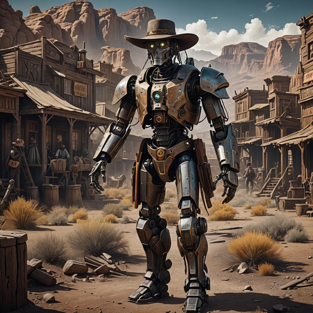 Robotic Human in Old West, Detailed Matte Painting