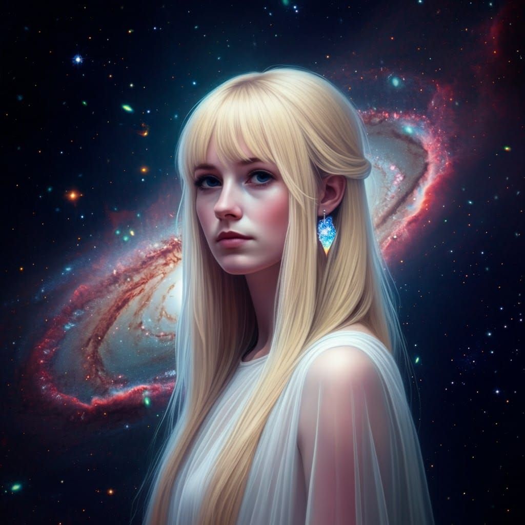 Ethereal Woman in Gown Against Galaxy Backdrop