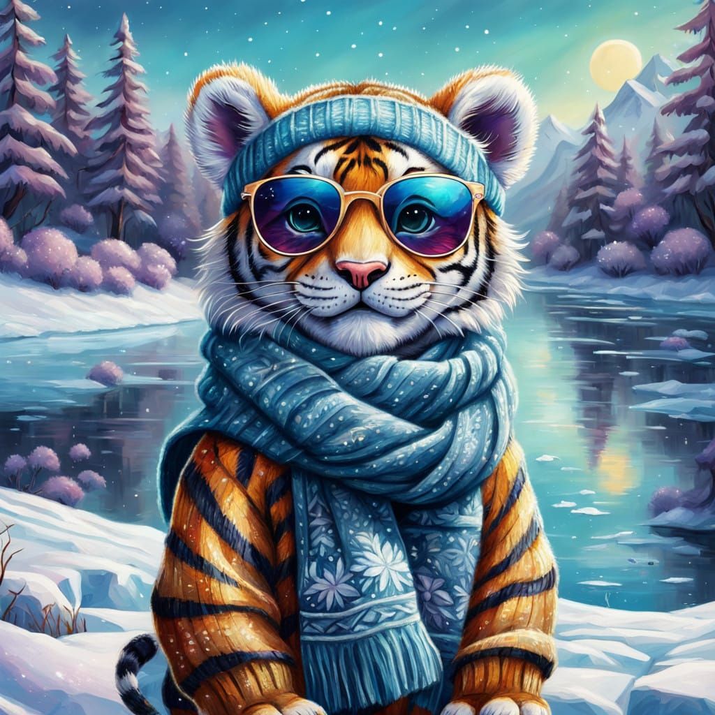 Whimsical Tiger Cub by Frozen Lake in Fairytale Winter