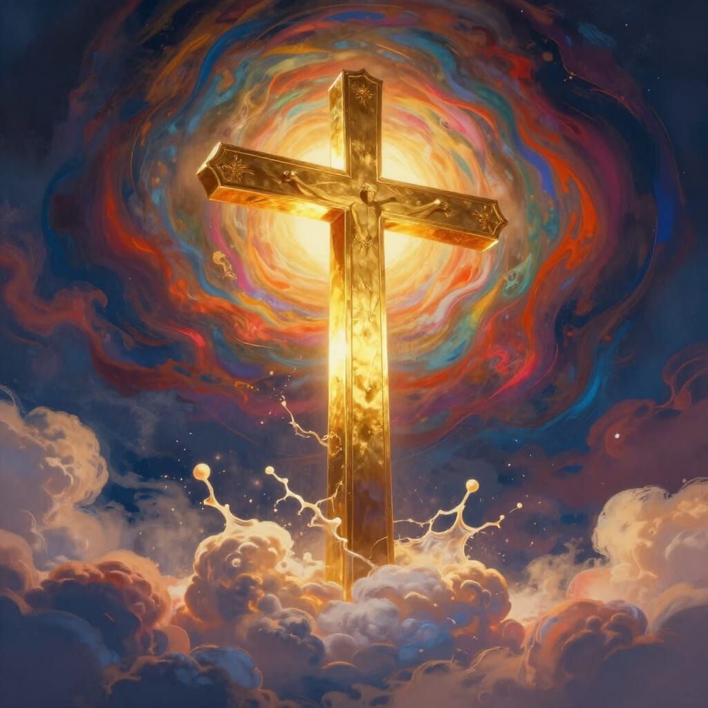 Golden Cross Ascends Through Luminous Clouds