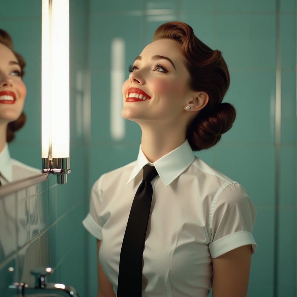 Elegant Woman in Illuminated Bathroom, Art Nouveau Style