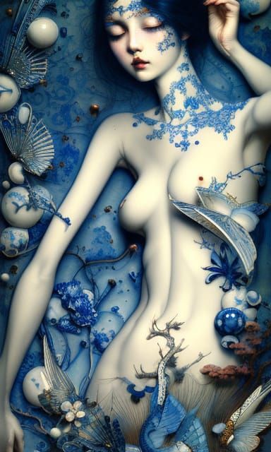 Model surrounded by blue fine China dish decor
