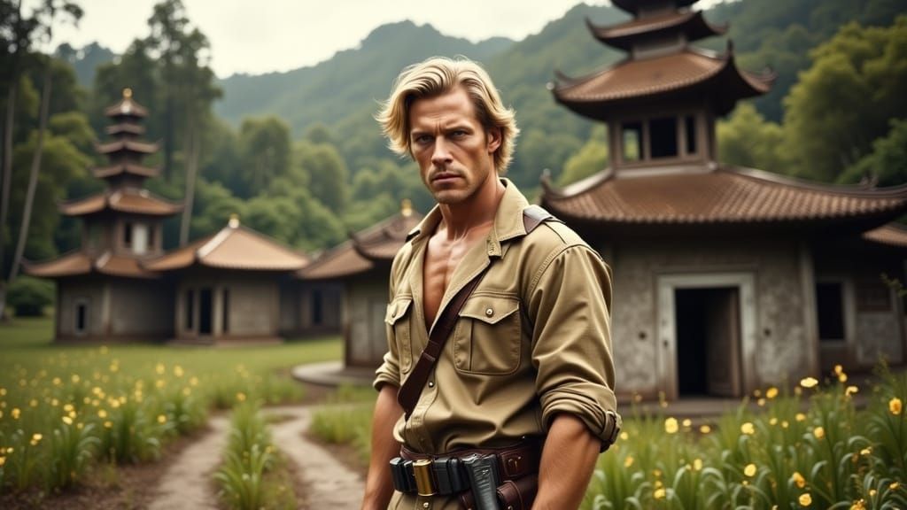 Muscular Blonde Soldier of Fortune in Jungle Temple