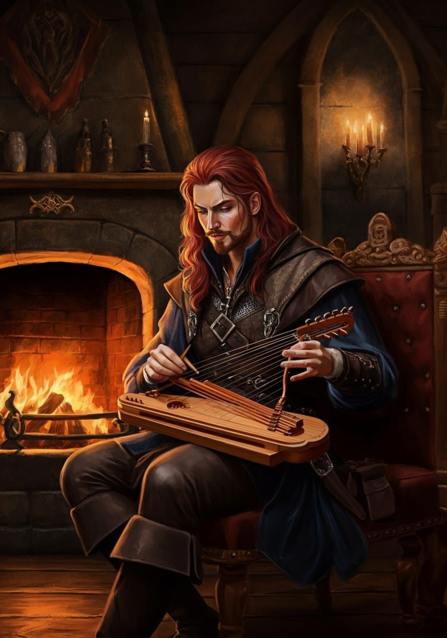 Medieval Bard Plays Nyckelharpa Beside Grand Fireplace