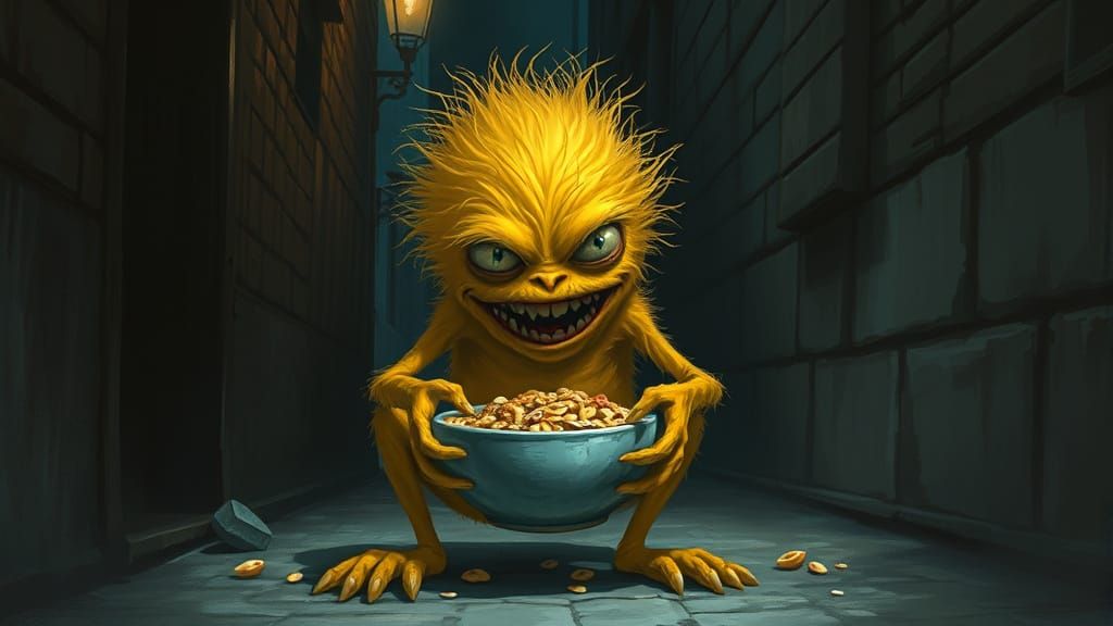 Fuzzy Monster Eats Cereal, Dark Fantasy Illustration