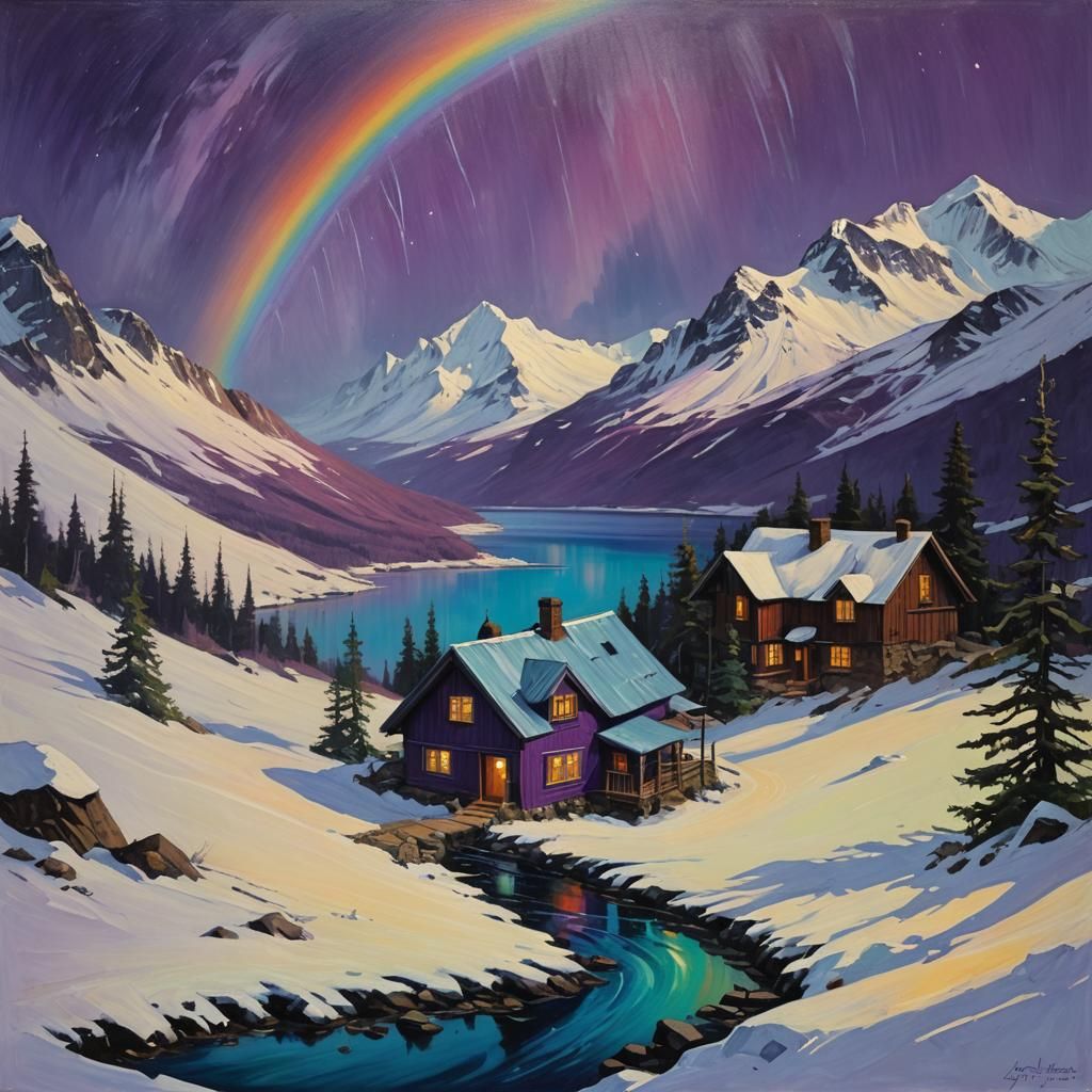 Metallic House Under Northern Lights: Oil Painting