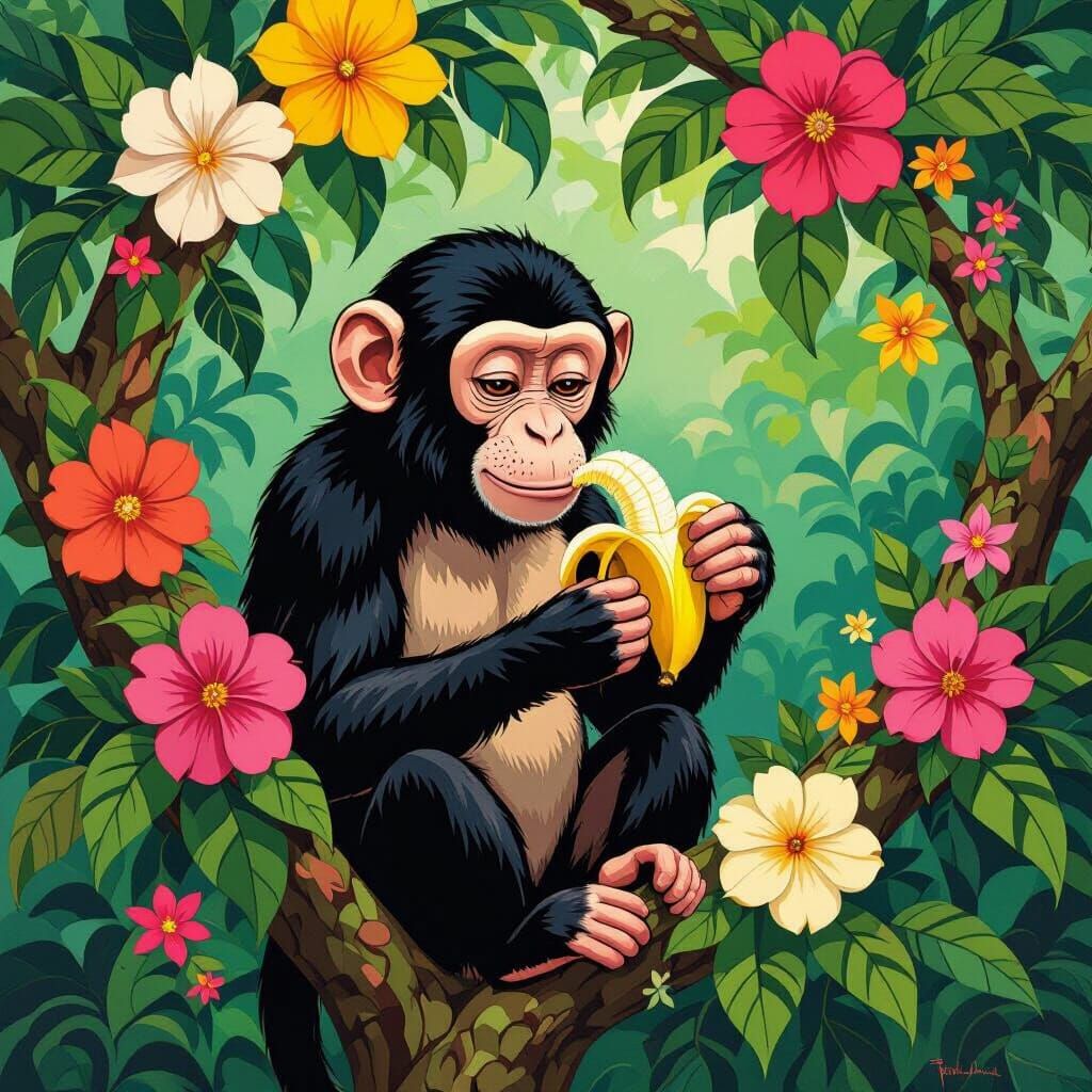 Monkey in Floral Jungle, Modern Art Illustration