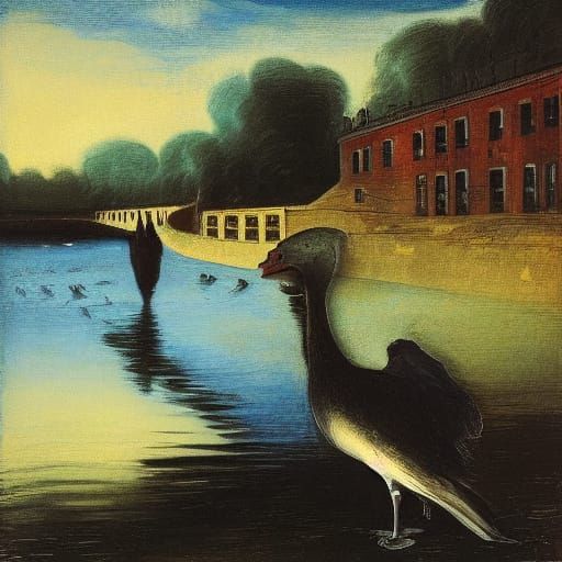 Goose Walking to Aqueduct in Expressionist Style