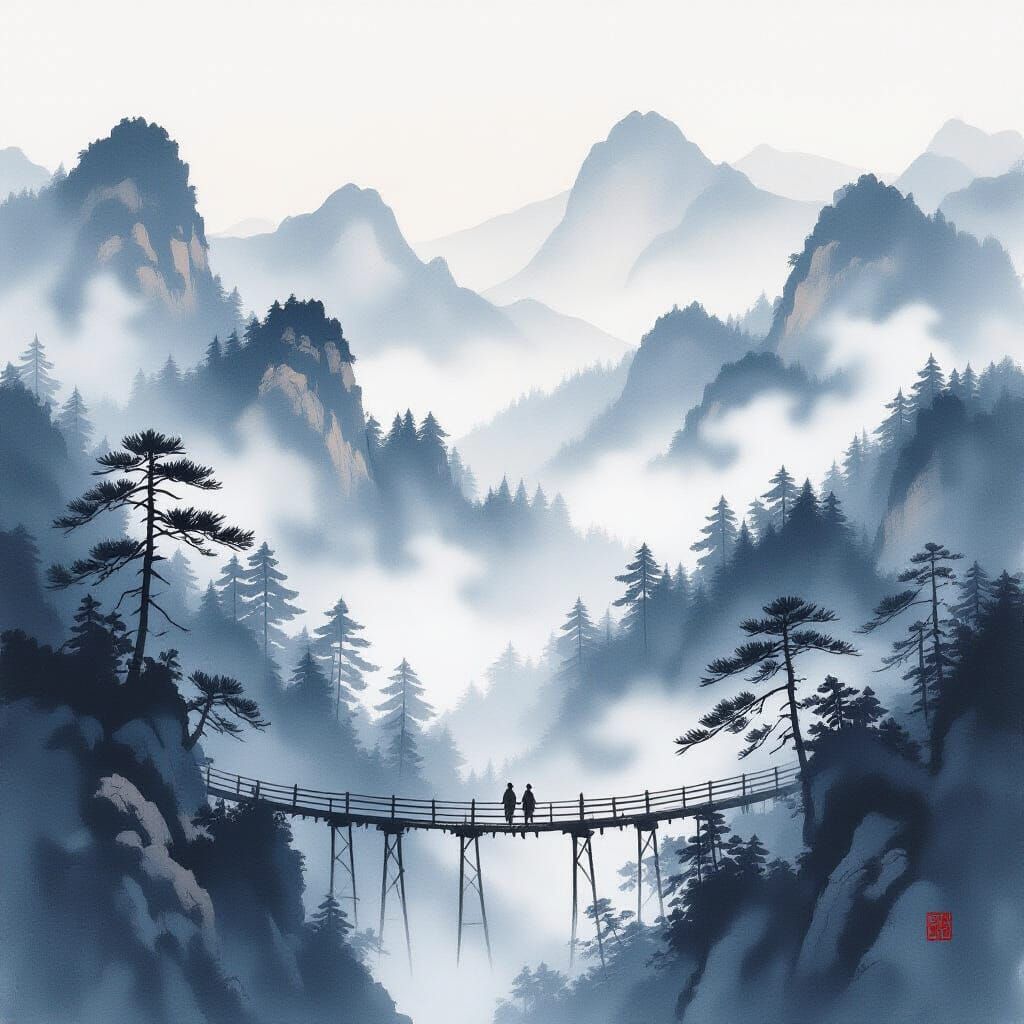 Sumi-e Pine Forest with Misty Mountains and Bridge