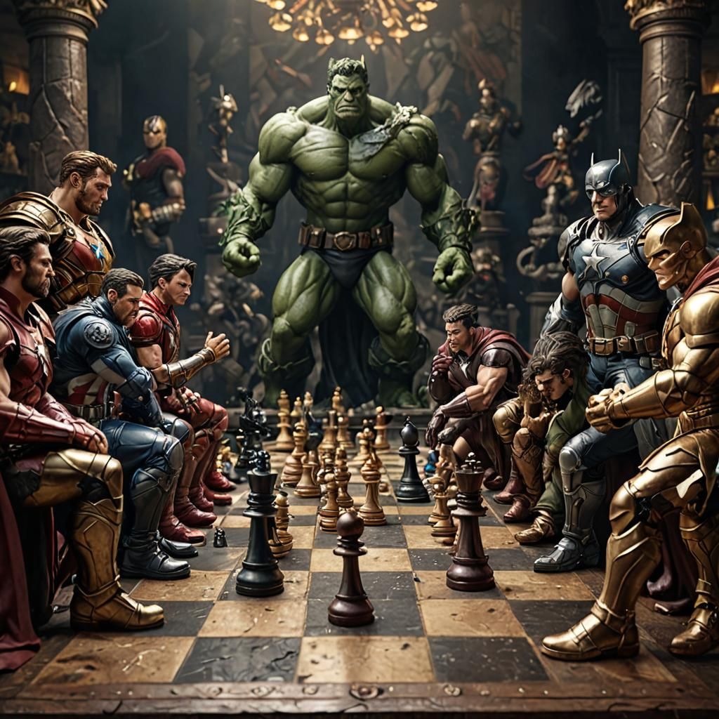 Avengers vs Justice League Chess Game in Frazetta Style