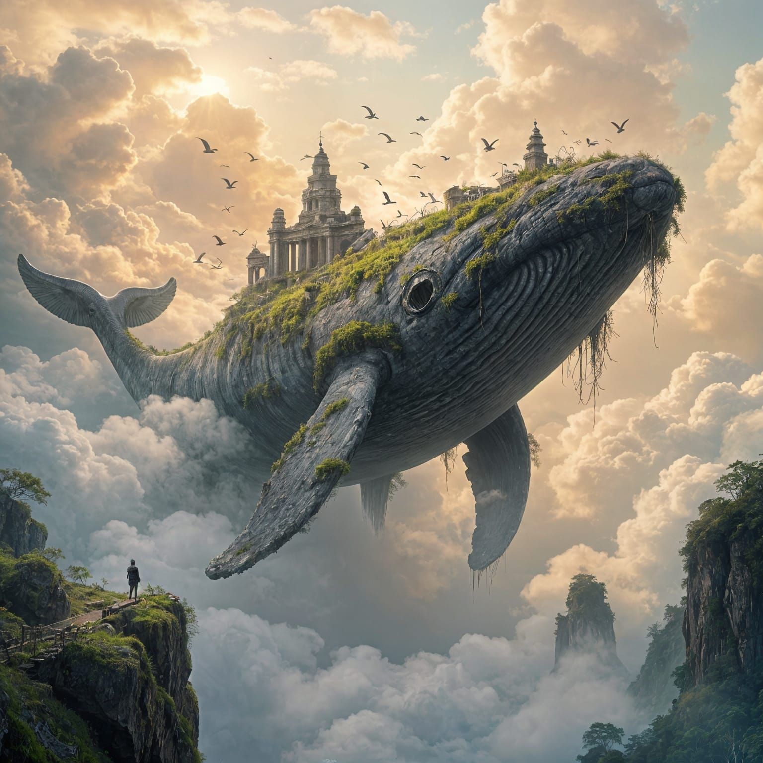 Moss-Covered Sky Whale Emerges from Clouds