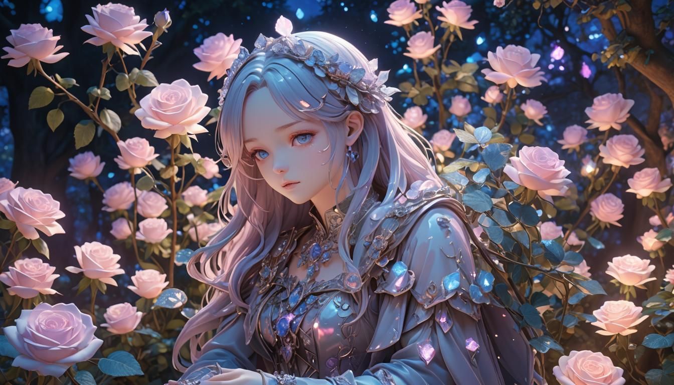 Crystalline Rose Sculptures in Magical Garden, Anime Art