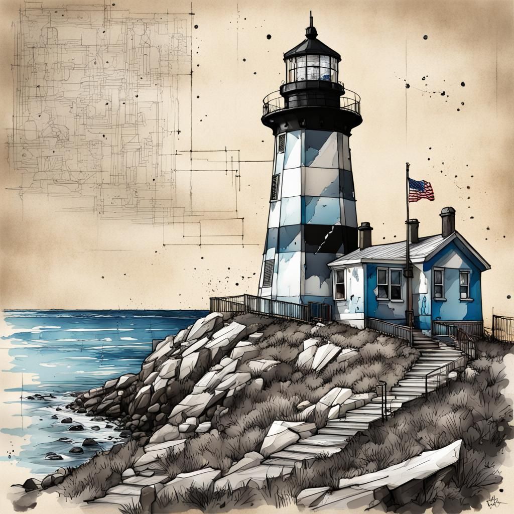 Montauk Lighthouse Pen and Ink Blueprint Sketch