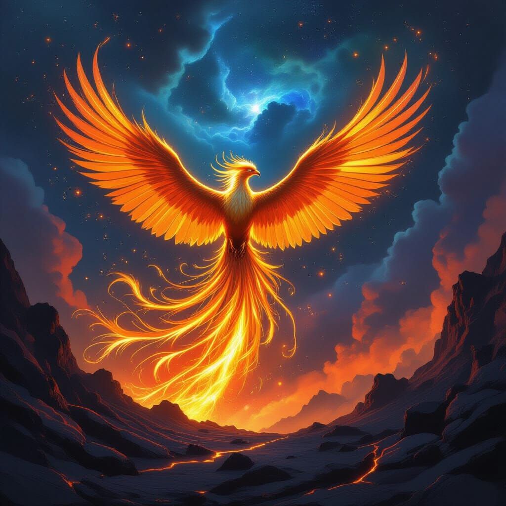 Majestic Phoenix Erupts from Volcanic Caldera in Cosmic Styl...