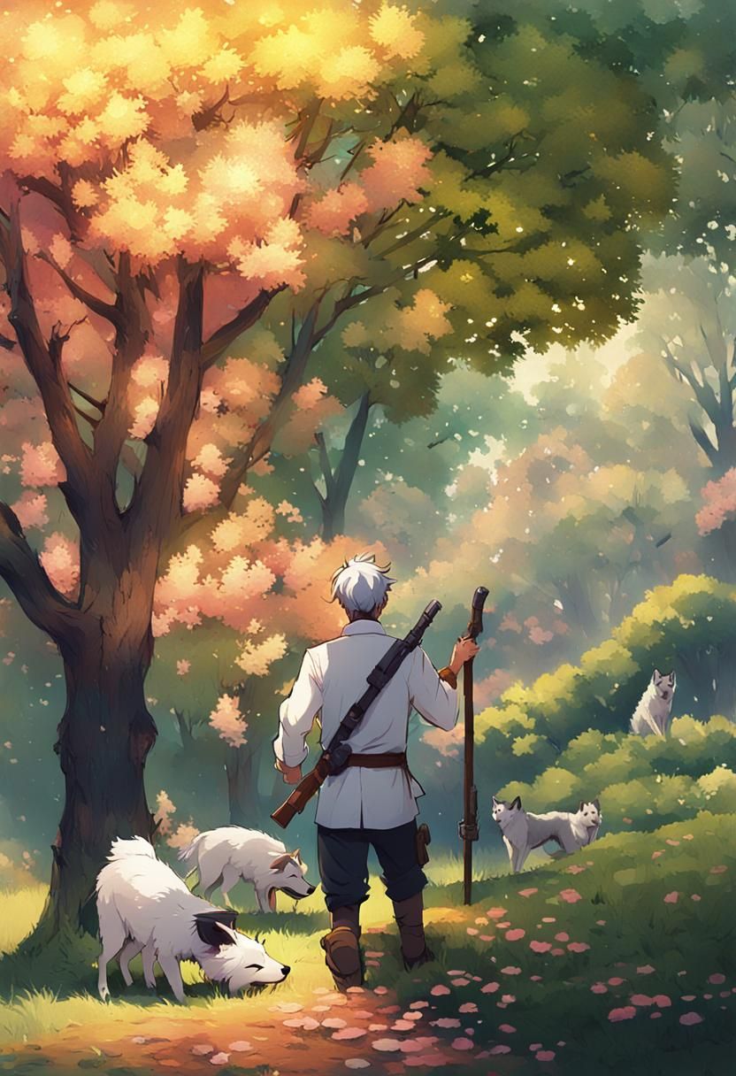 Anime Shepherd Guarding Flock Under Oak Tree