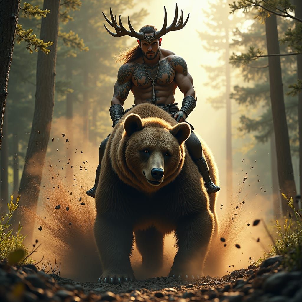 Majestic Druid on Grizzly Bear in Sunlit Forest