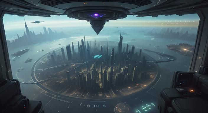 Planet-spanning City from Spaceship in Dark Sci-Fi Style