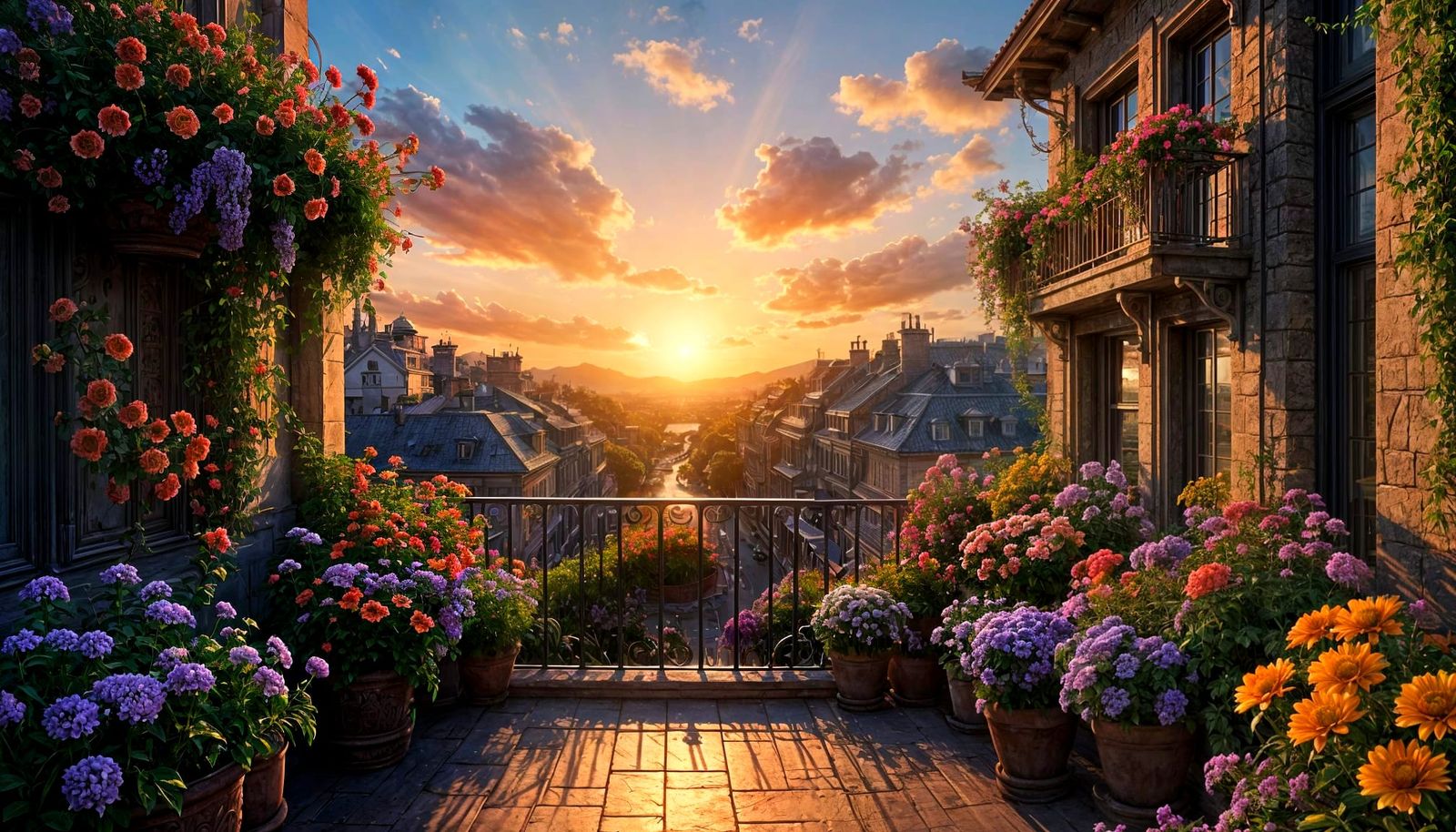 Vibrant Sunset Over Flower-Filled Balcony in Fantasy Art Sty...