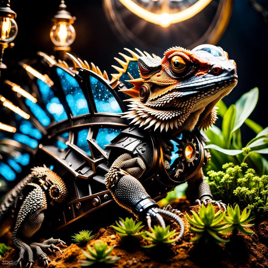 Steampunk Cyborg Bearded Dragon in Futuristic Terrarium