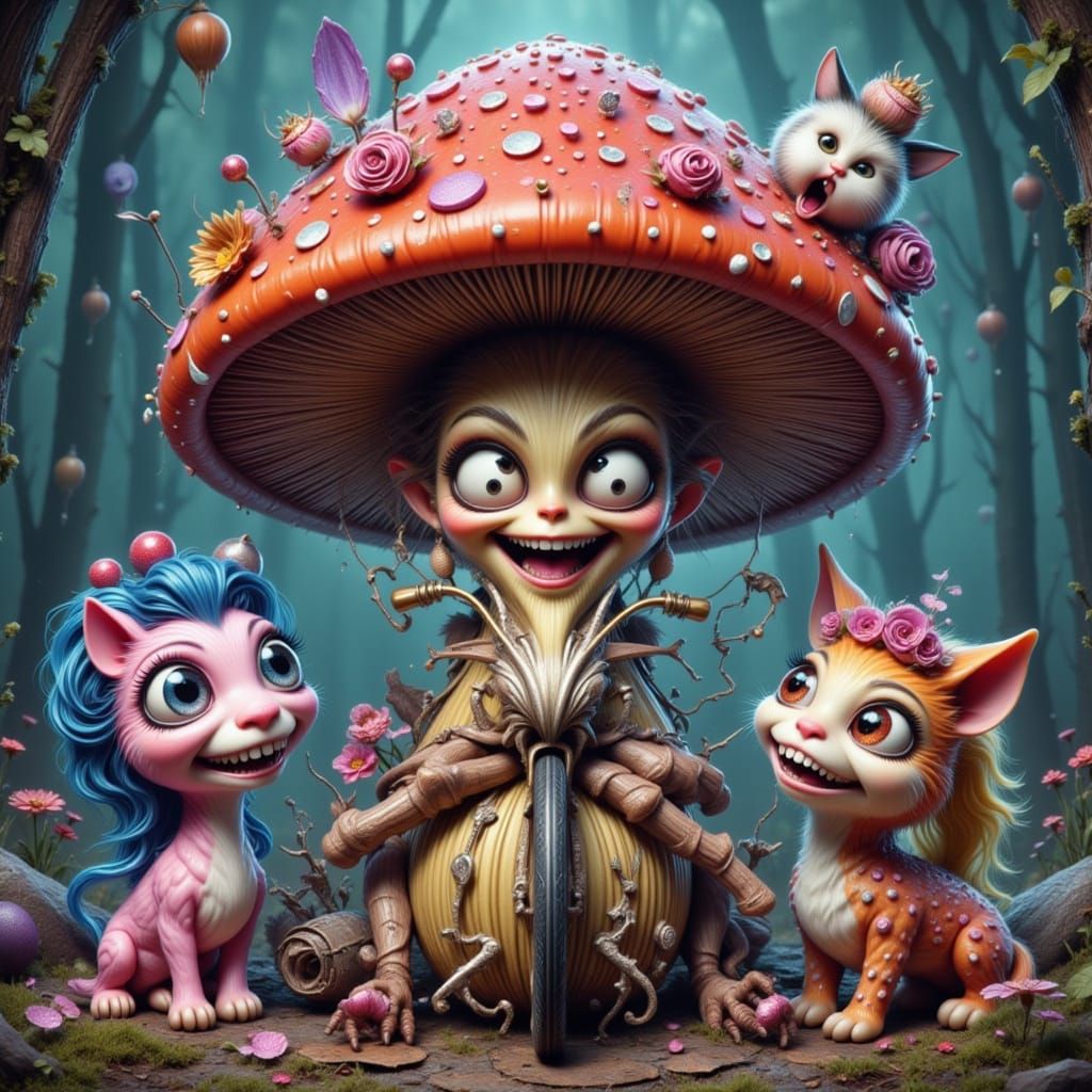 Maximalist Cartoon Biker Mushroom With Plushies