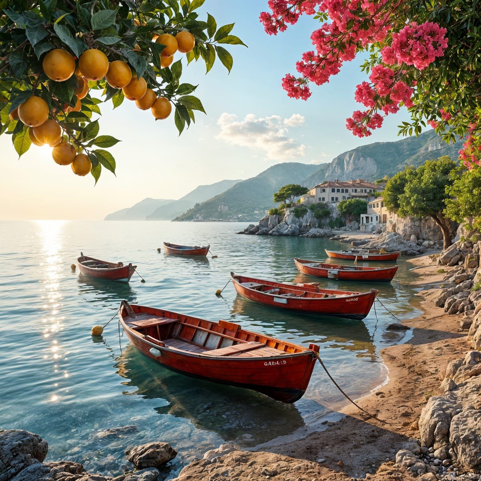 Tranquil Mediterranean Coast at Dawn, Hyperrealistic