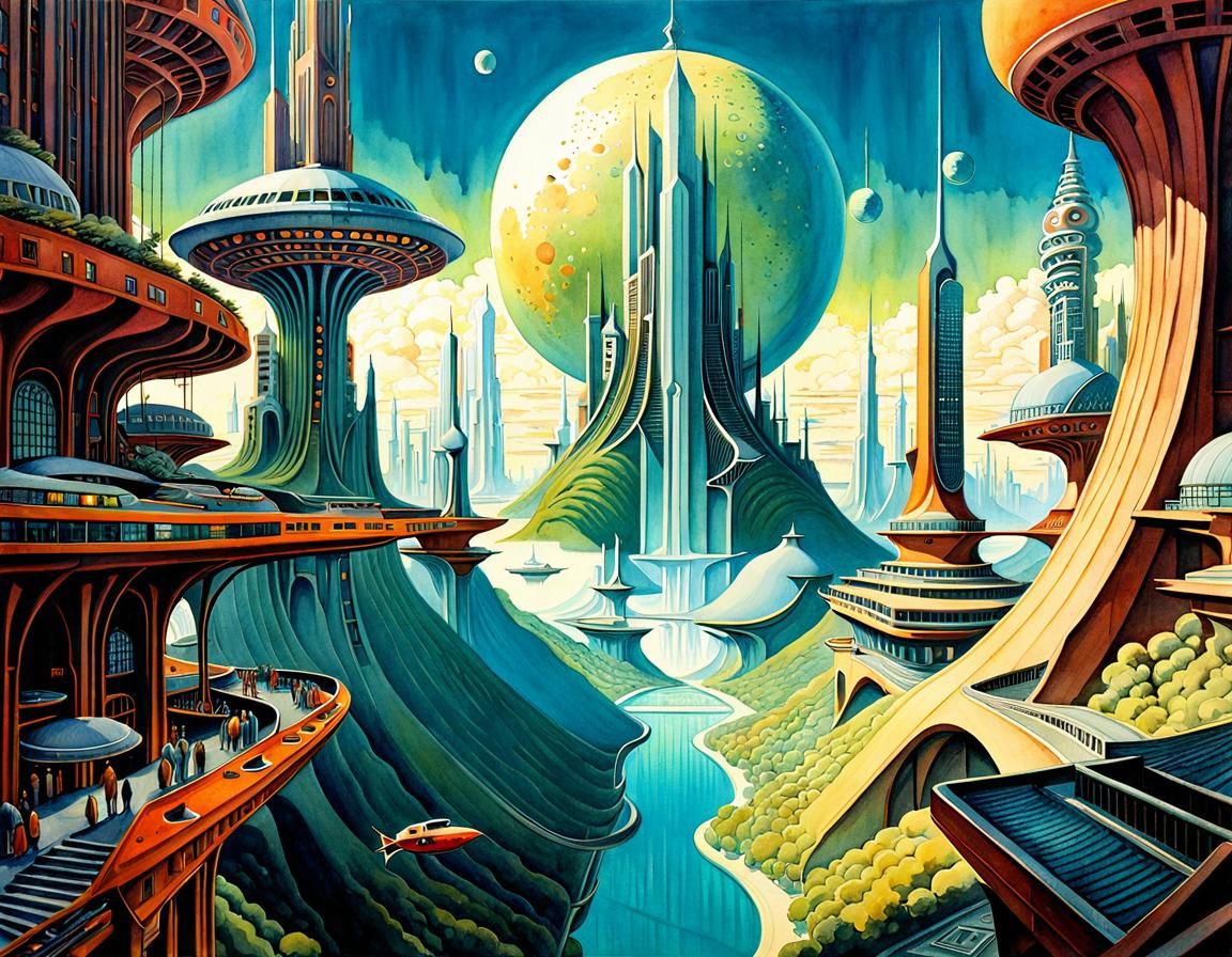 Utopian City in Pop Surrealist Watercolor Painting