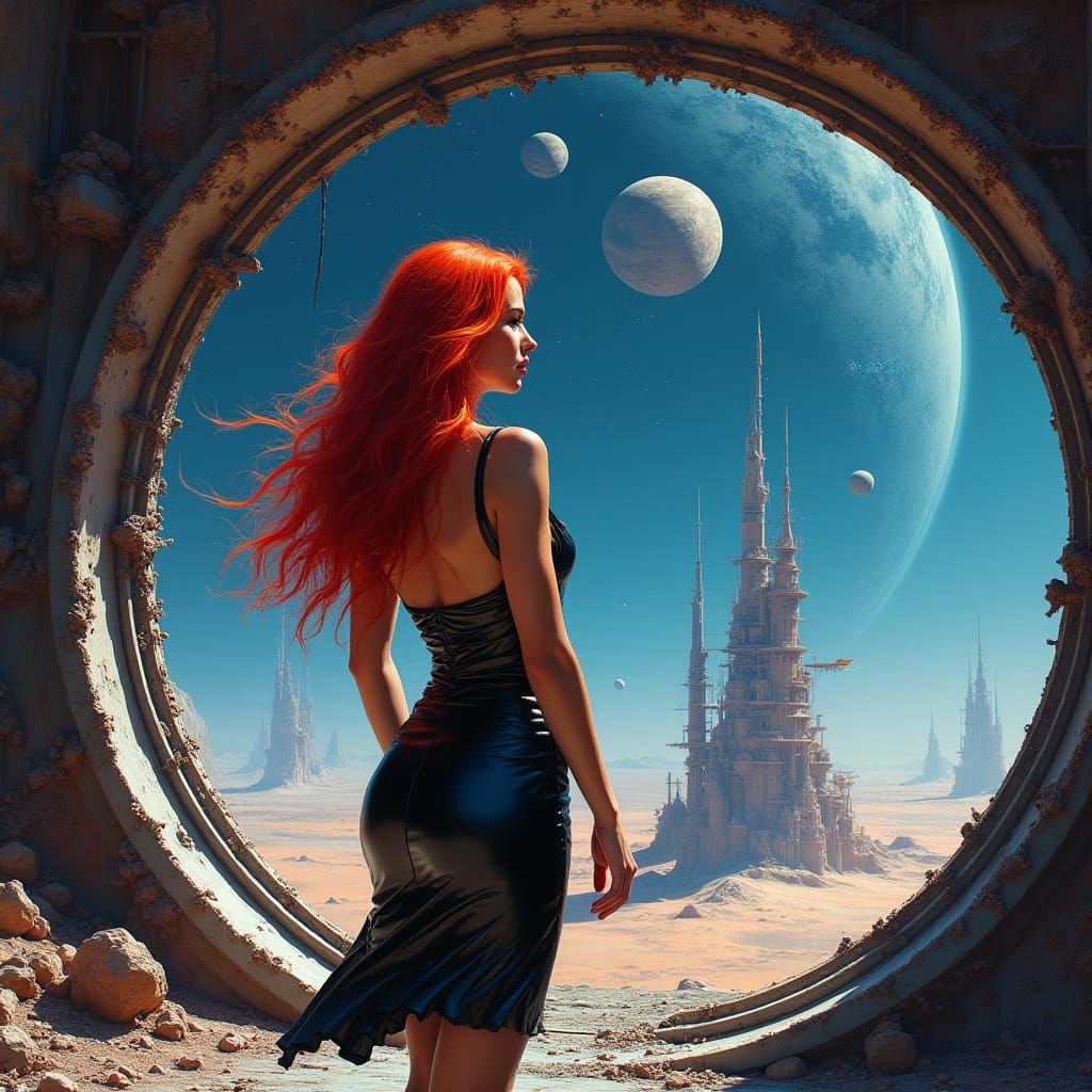 Woman in Cyberpunk Space City with Red Hair