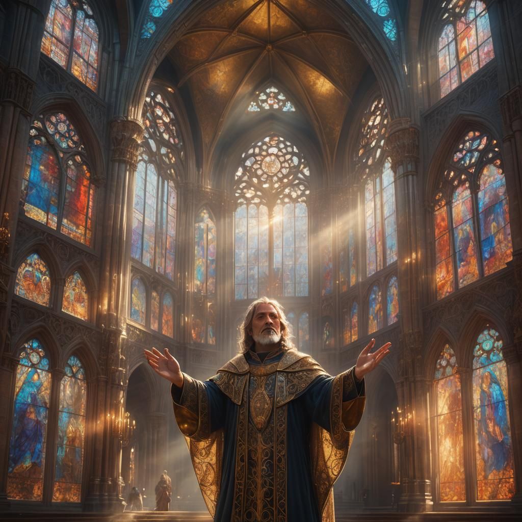 Devout Figure in Cathedral: Ethereal Fantasy Art