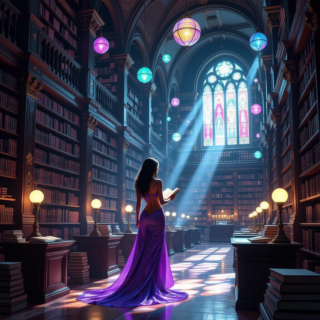 Ancient Library With Goddess Librarian in Bikini