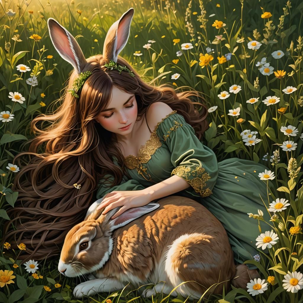 Woman and Rabbit Napping in Fairy Meadow
