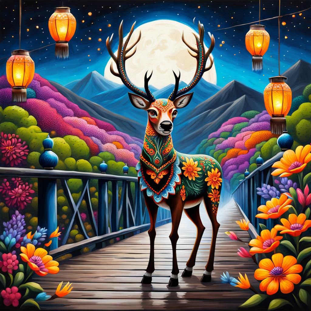 Colorful Alebrije Stag in Mexican Town