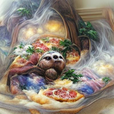 Pizza Sloth in Ethereal Fantasy Landscape