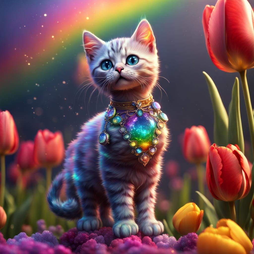 Jewel Kitten on Tulip: Fantasy Art